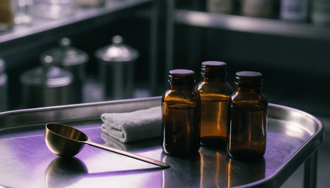 Amber glass bottles of botanical extract on a steel tray at a supplementary compounding bench under cold raking light