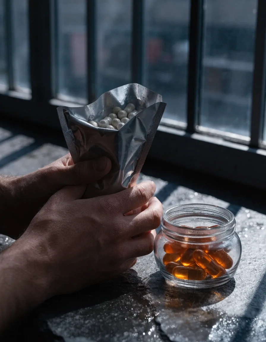 Hands turning an unlabelled foil pouch of supplements next to a glass jar on a wet slate bench