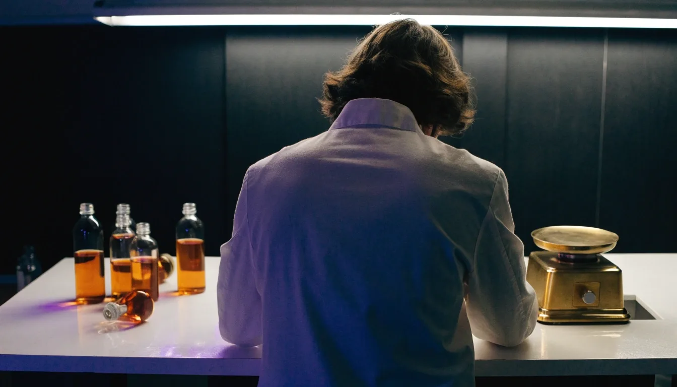 Person in a lab coat seen from behind working at a supplement compounding bench under cold overhead light