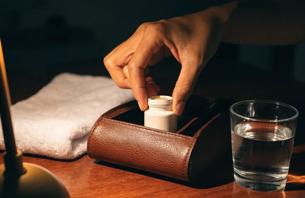 A quiet bedroom at dusk with a glass of water and a supplement container on the bedside table