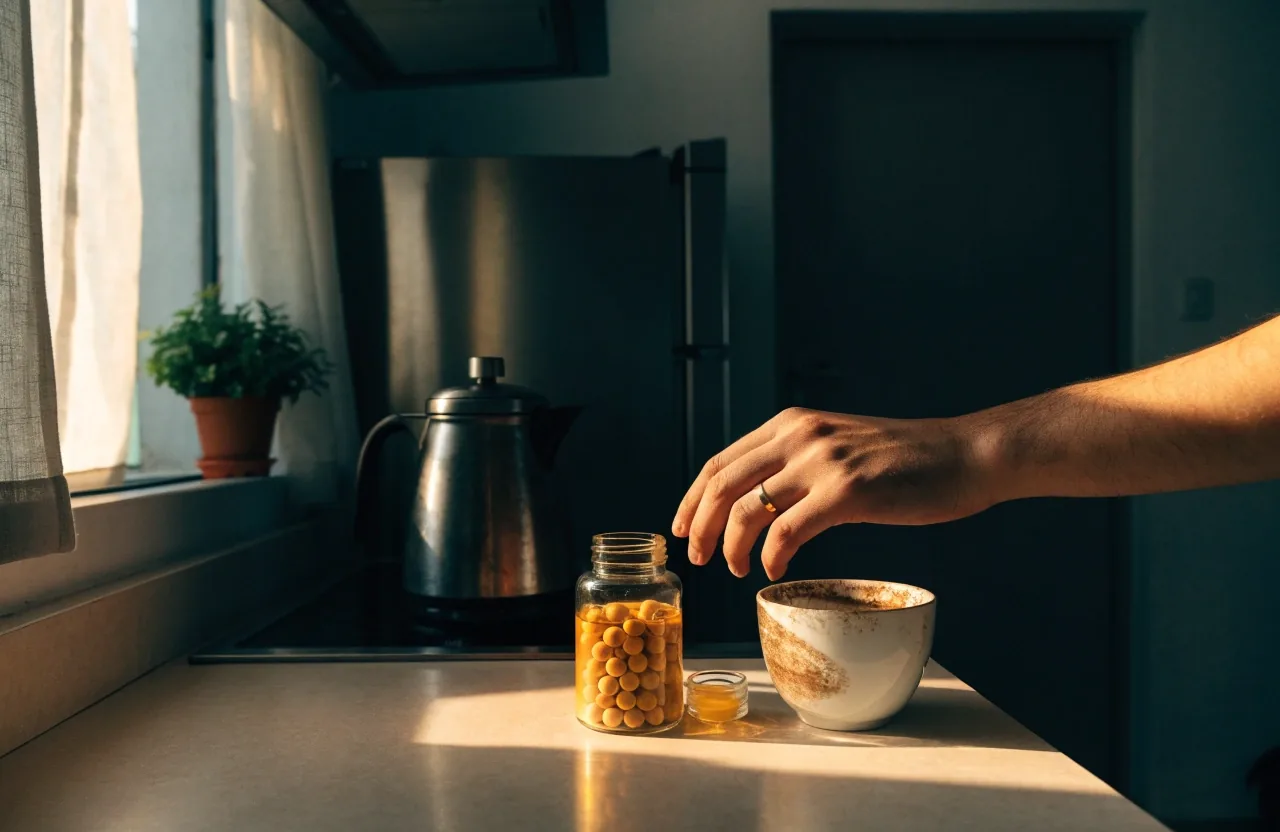 A hand reaching for an unbranded supplement bottle beside a coffee pot on a morning kitchen counter