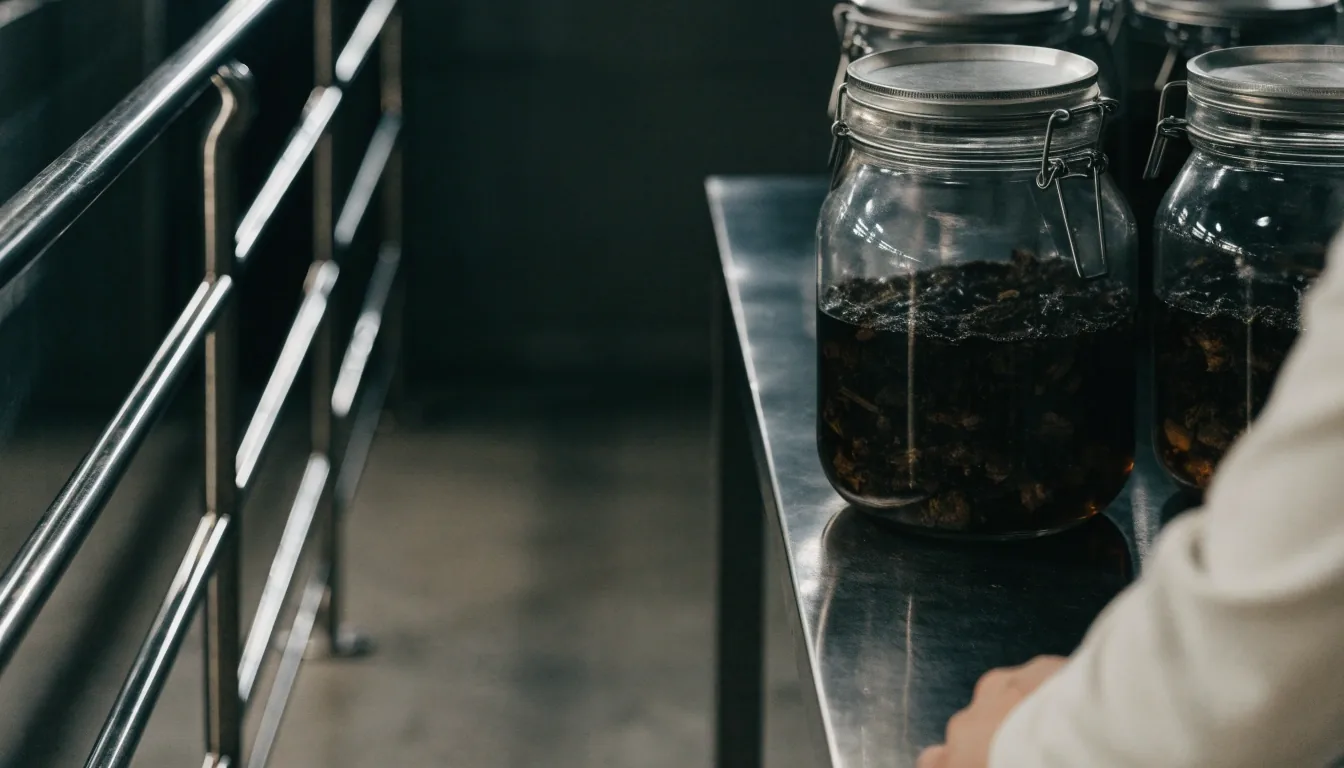 Compounding hall in low sidelight with stainless rails and glass jars of botanical extract on a steel bench
