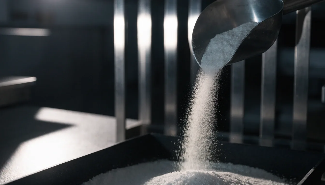 Crystalline mineral powder pouring from a steel scoop onto a dark tray