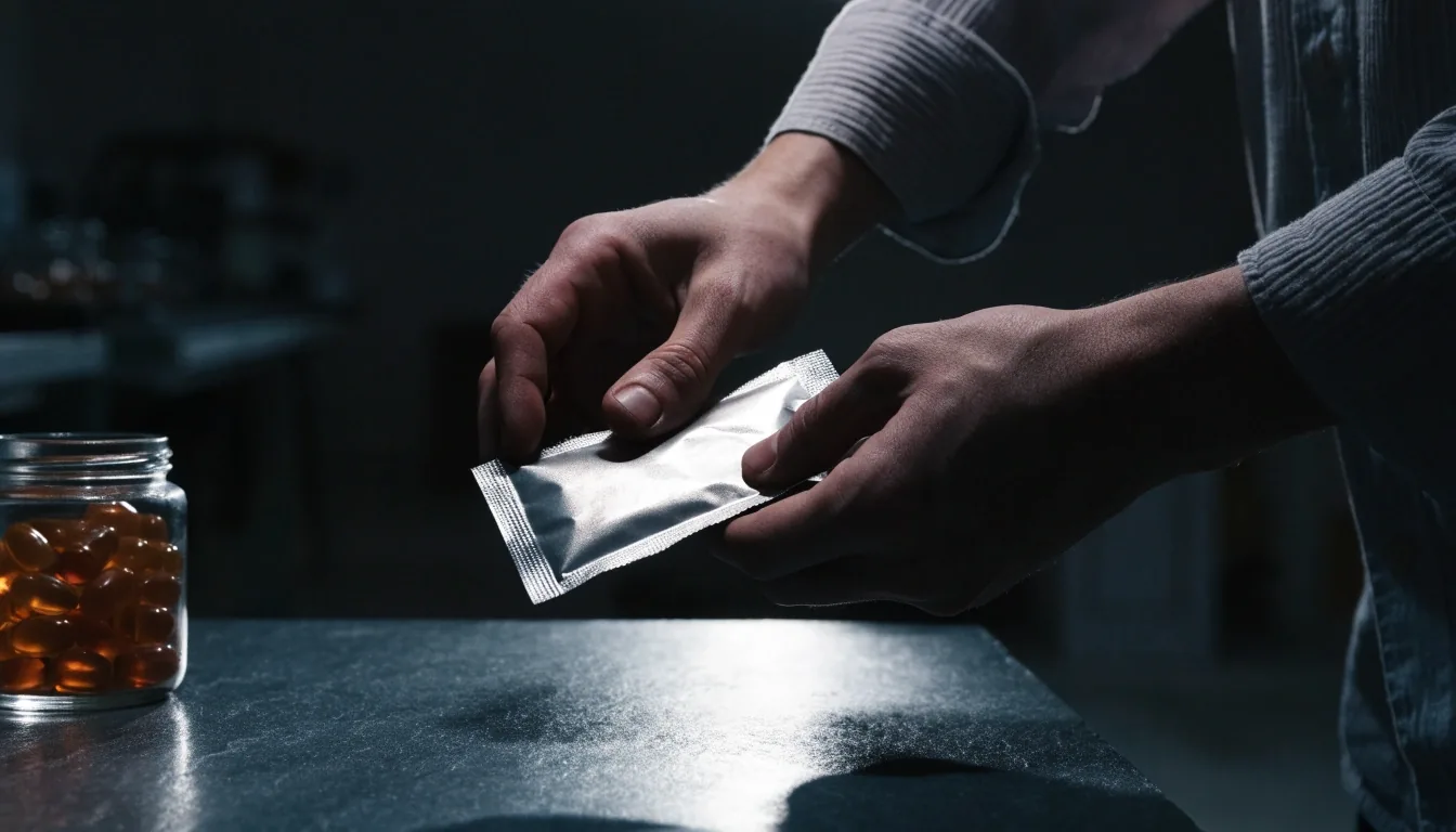 Hands turning a plain foil pouch over on a dark bench beside an unlabelled jar