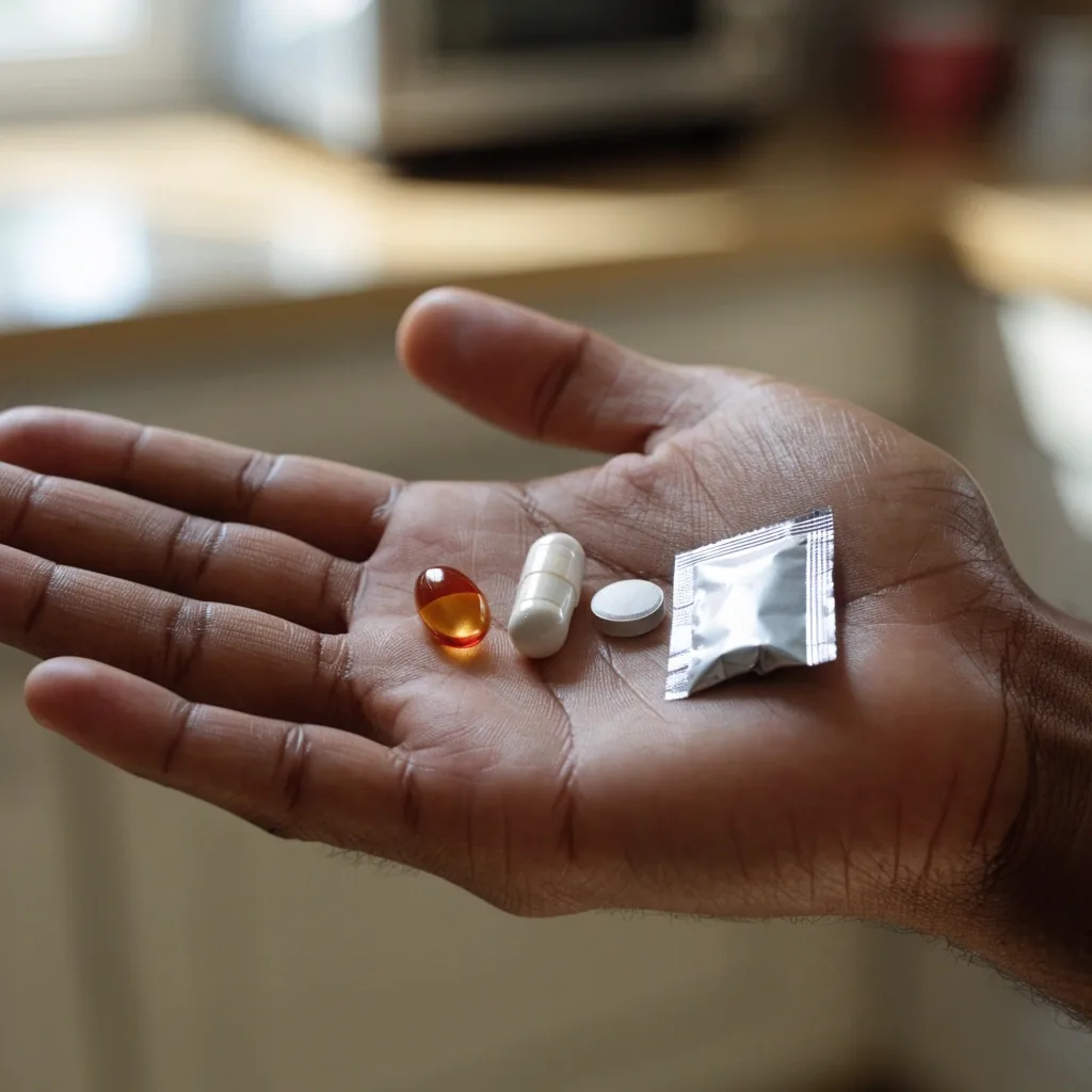 Softgel, capsule, tablet, and foil sachet arranged on violet-ink velvet under a hard light