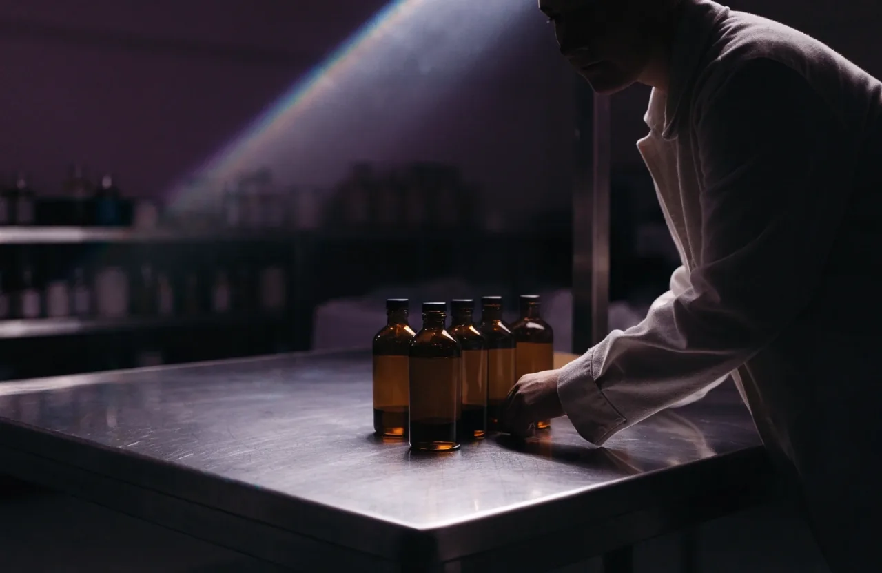 Technician in a pale lab coat at a bench with unlabelled amber bottles in a row