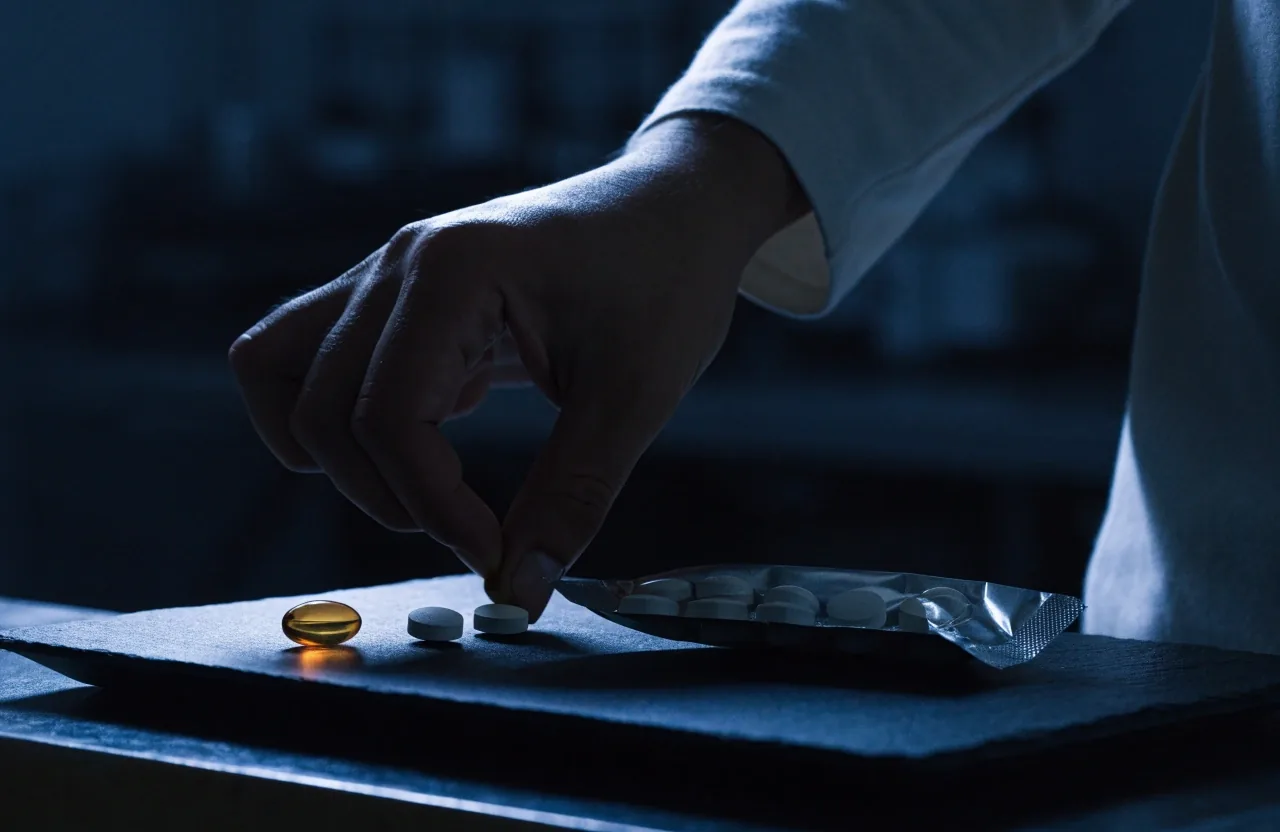 A softgel, an unprinted capsule, a tablet and a foil sachet arranged on dark velvet under hard sidelight