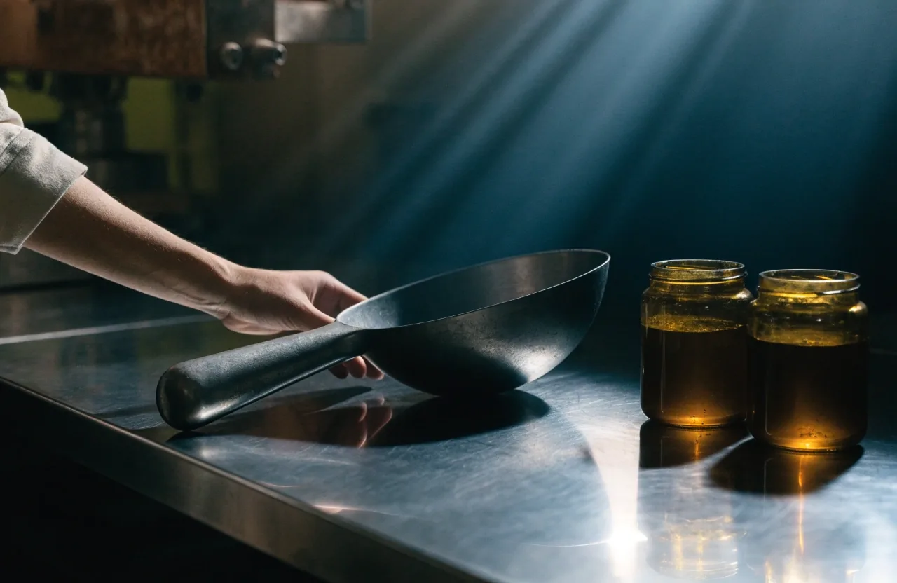 Unlabelled amber jars on a steel shelf crossed by one band of raking light