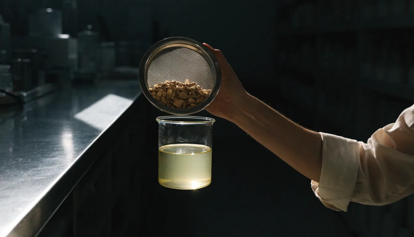 A compounding bench at the end of the day with glass beakers of botanical extract and a hand turning a slide under raking light