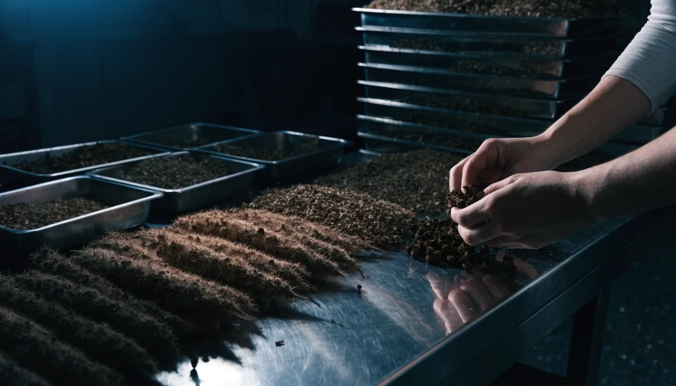 A compounding hall bench with glass jars of botanical extract under raking sidelight