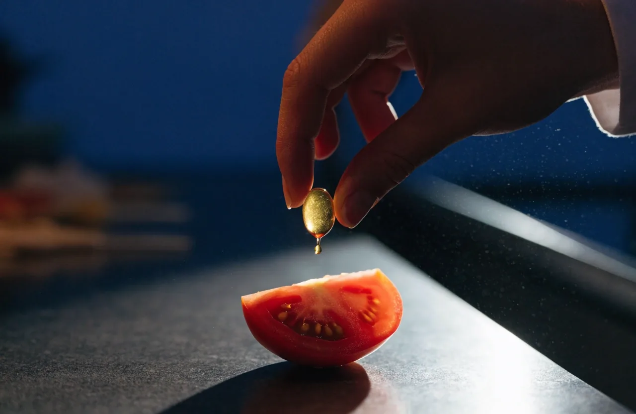 A tomato slice and an amber softgel on wet dark slate under raking light