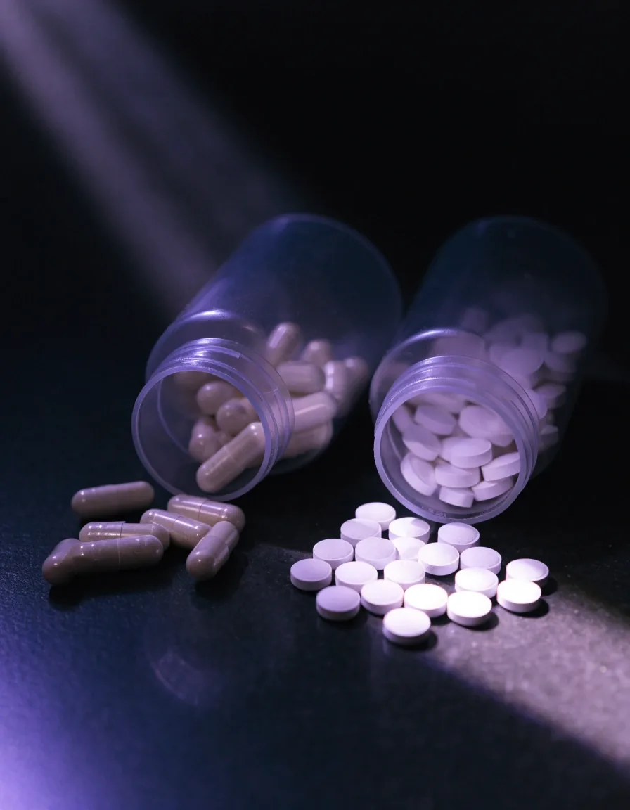 Two open unlabelled supplement bottles with capsules and tablets spilled on a dark counter