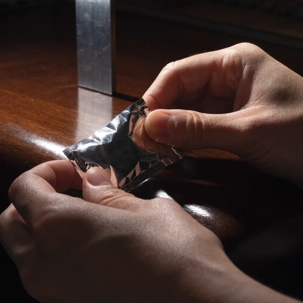 Hands turning an unmarked foil sachet over on a dark bench under a single hard light
